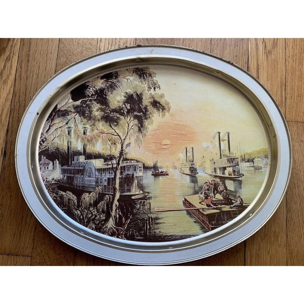 Currier and Ives Metal Serving Tray Mississippi 1965 1966 (set of 2) VTG Display